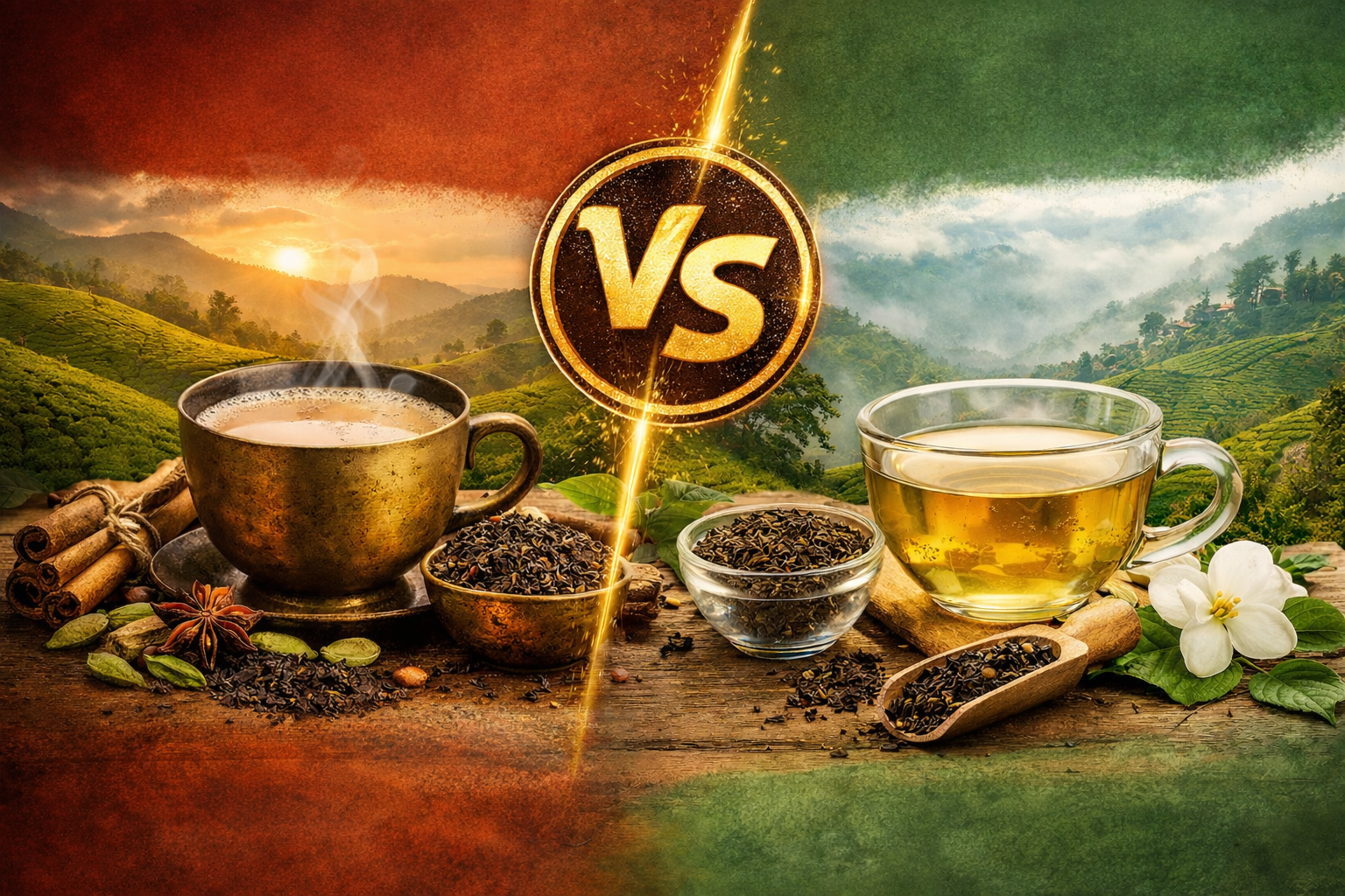 Assam and Darjeeling tea cups with leaves and spices