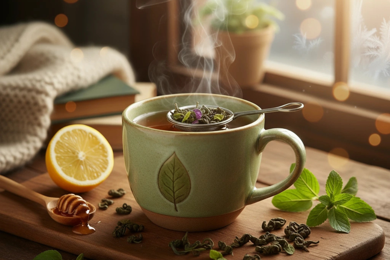 Tulsi herbal tea by the window in a warm, peaceful scene