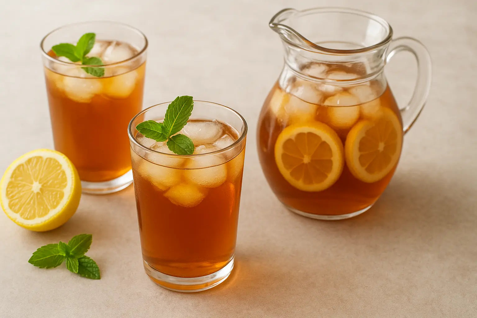 Iced tea with lemon and mint in glasses and a pitcher.