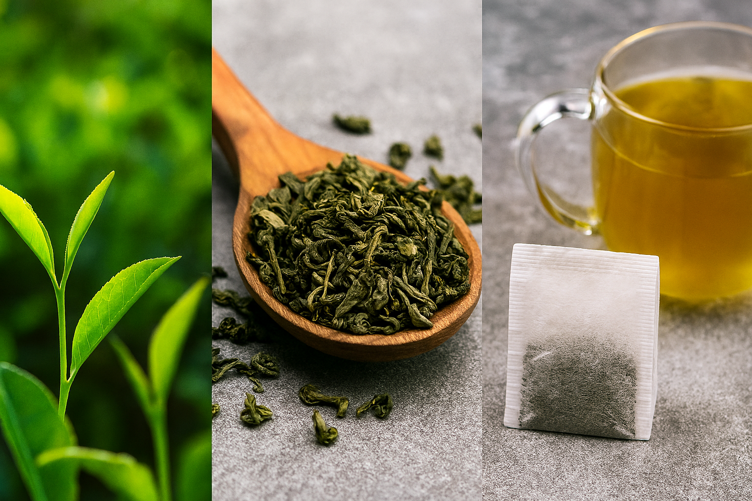 Green tea leaves, dried tea, and brewed tea in a glass cup