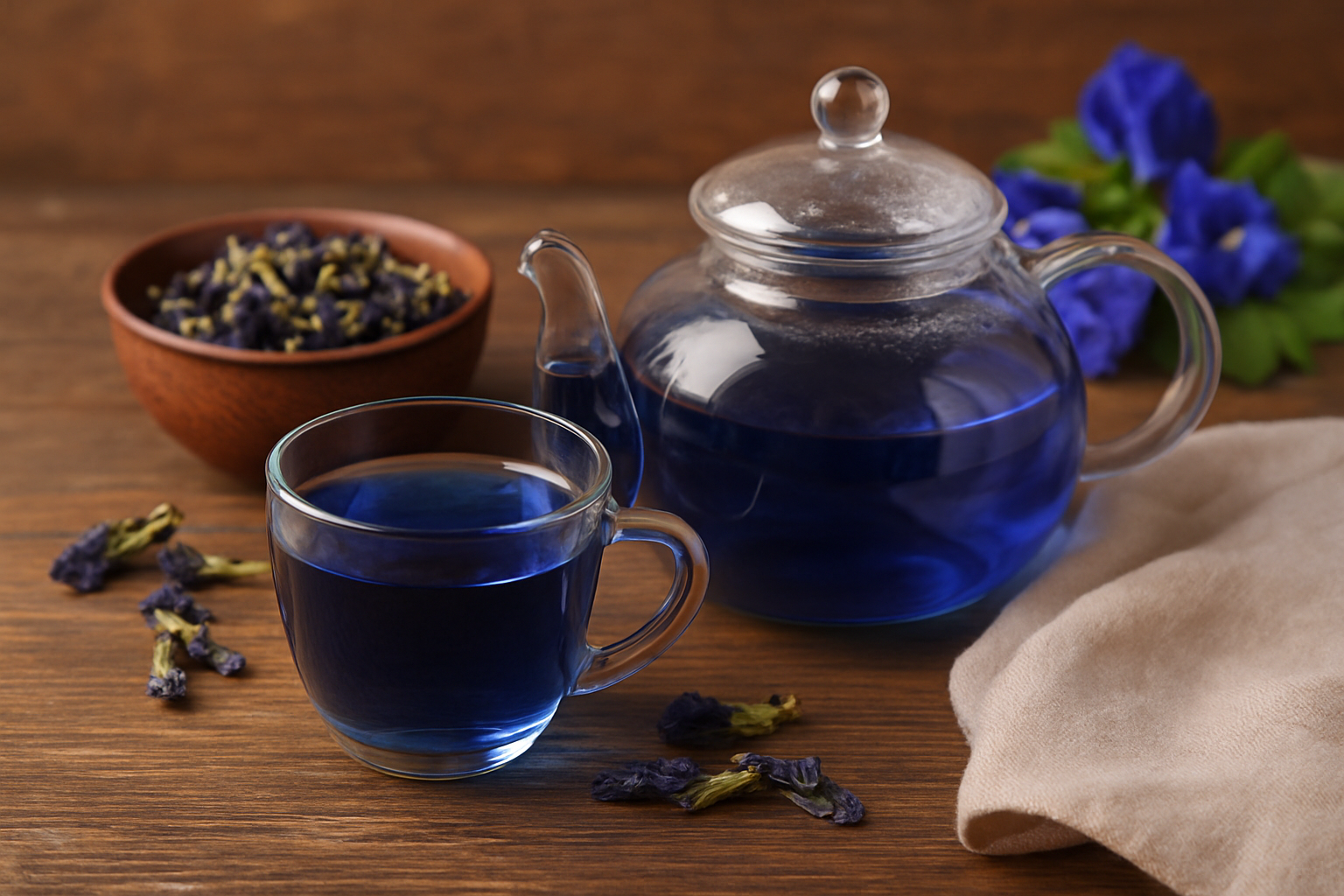 Blue butterfly pea tea in glassware with dried flowers around.