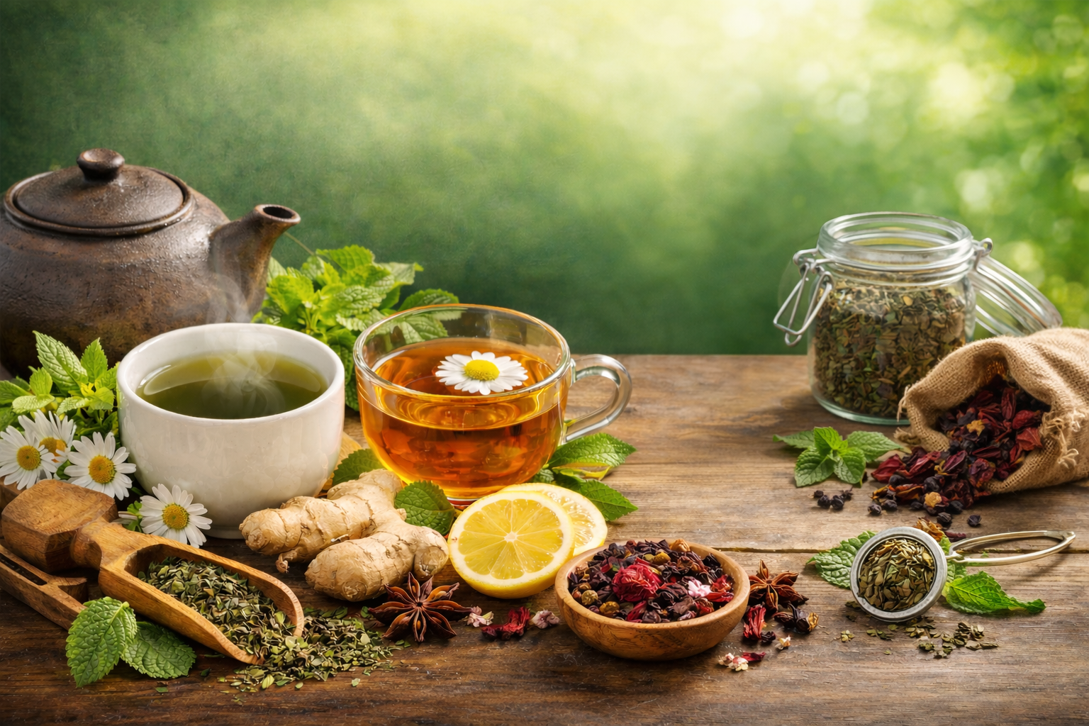 Tea cups and herbs on a wooden table for daily wellness