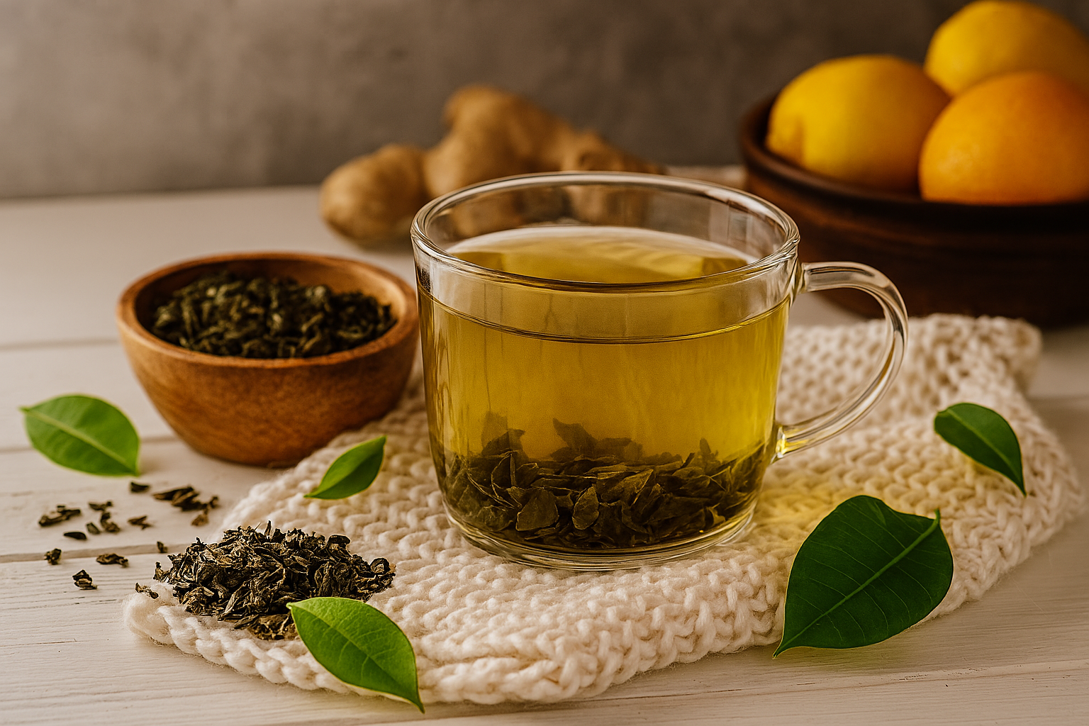 Darjeeling green tea with herbs on a cozy winter table.