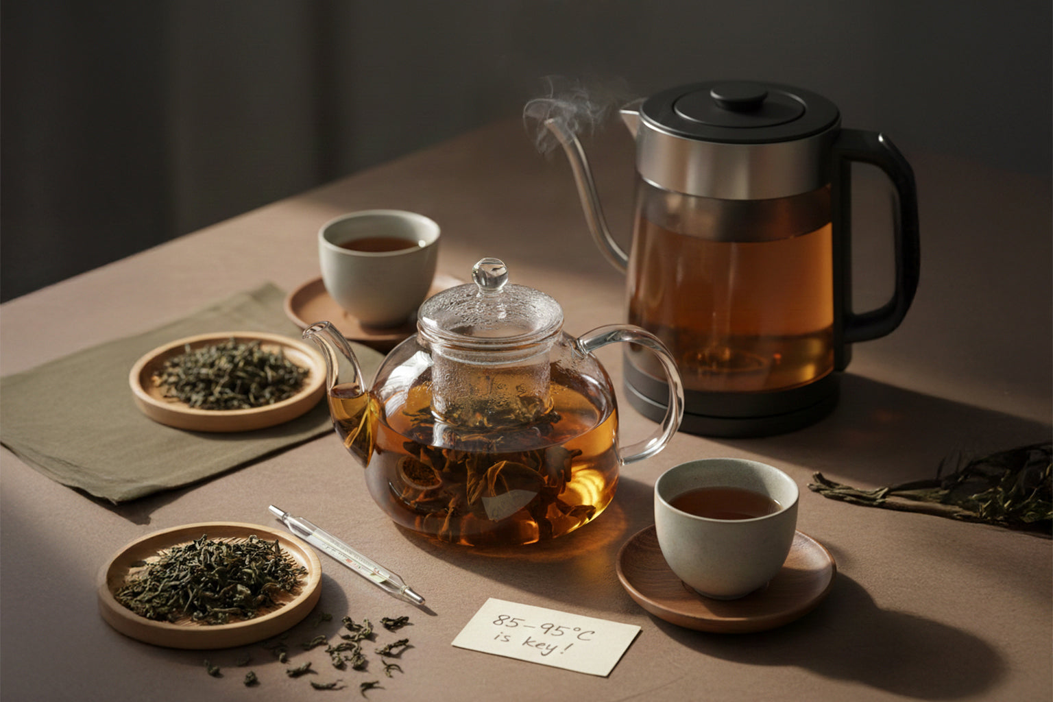 Steaming Oolong tea with loose leaves on a wooden table