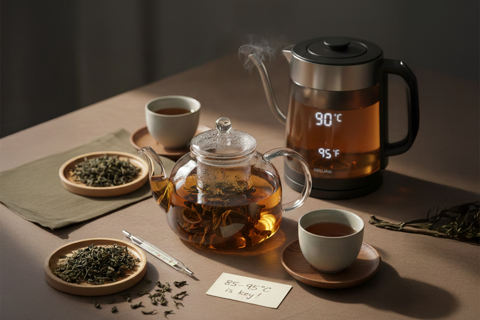 Steaming Oolong tea with loose leaves on a wooden table