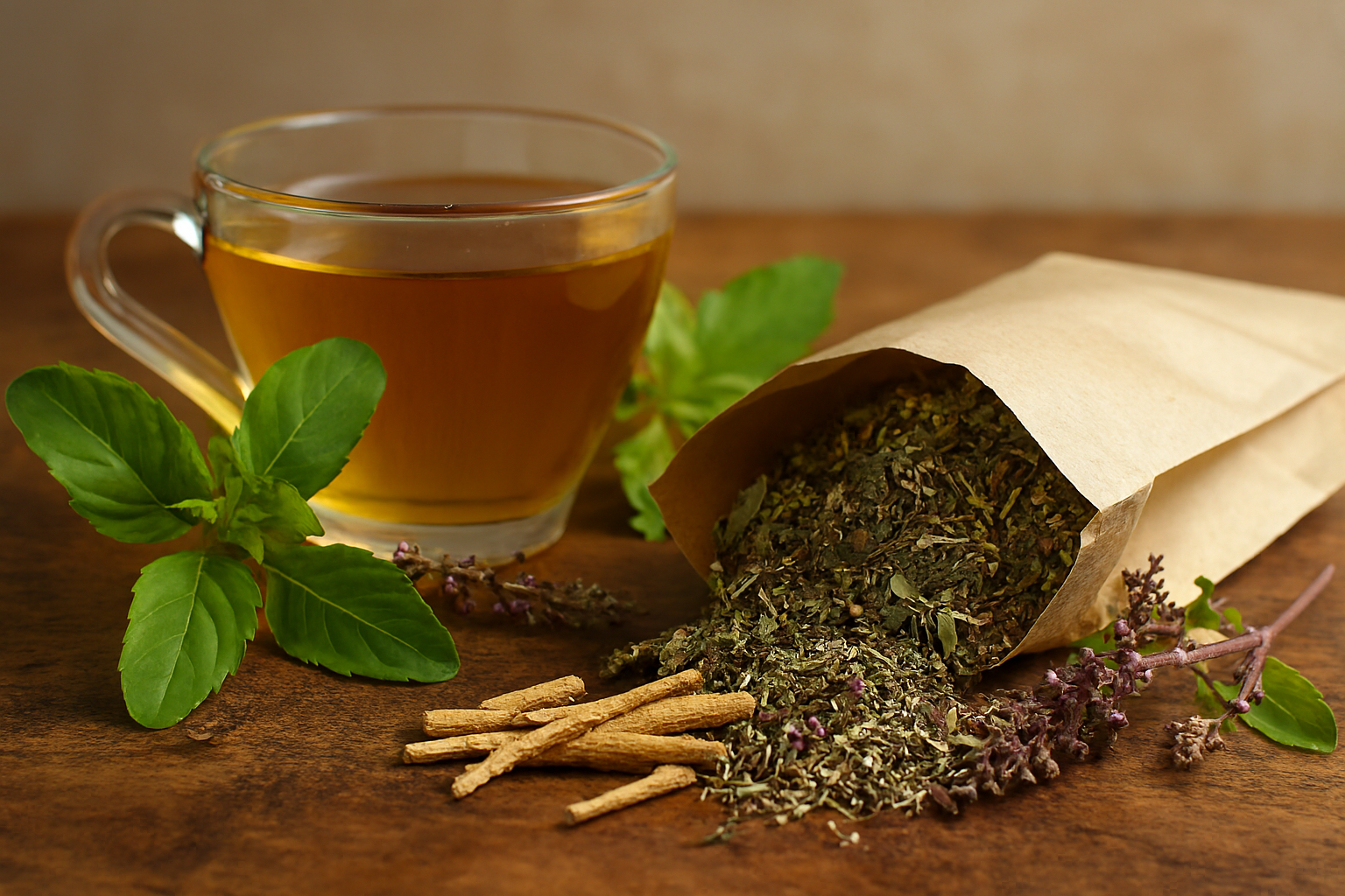 Herbal tea with dried herbs and fresh leaves on wood
