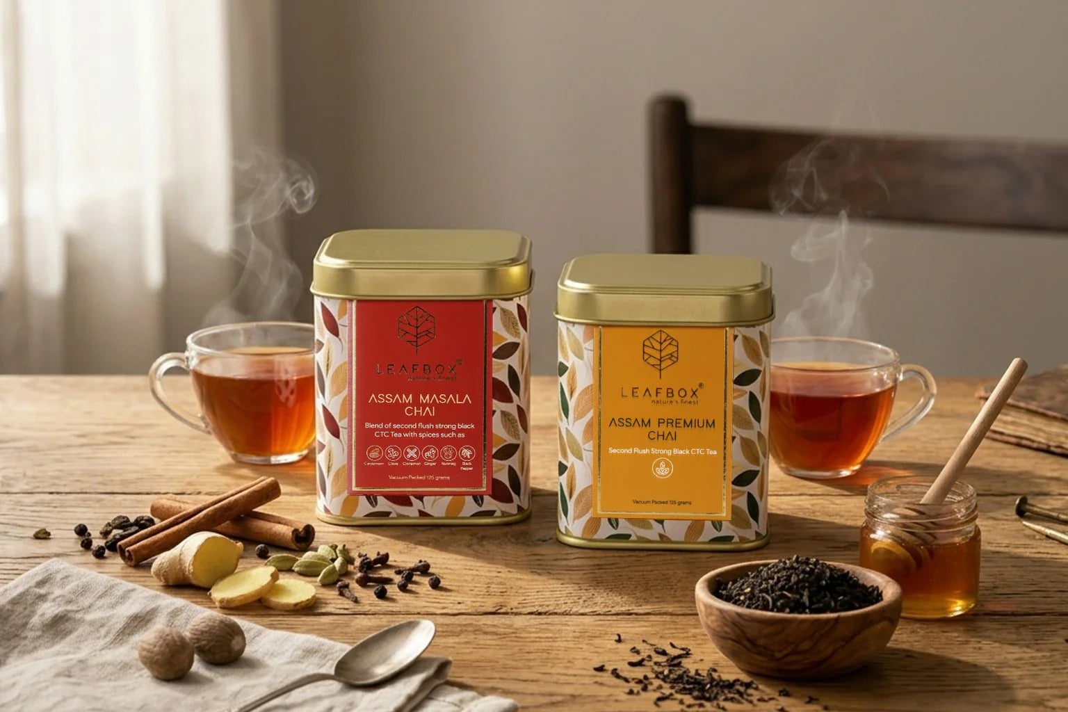 LEAFBOX Assam Masala and Premium Chai tins on wood table.